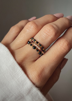 Set of Three Elastic Natural Stone Rings - Champagne Cubic Zirconia and Rhodonite