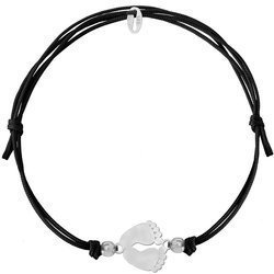 A black string bracelet with a silver foot pendant