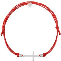 A red string bracelet with a silver cross pendant