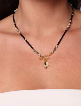 Naszyjnik z kamieni naturalnych czarny turmalin i jaspis dalmatyński toggle z zawieszką Talizman ochrony i dobrobytu