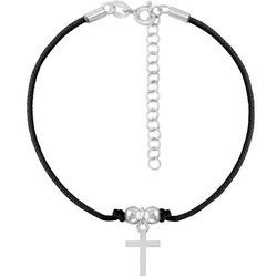 A rope bracelet with a cross on a black string and a silver clasp