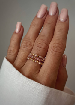 Set of Three Elastic Natural Stone Rings - Champagne Cubic Zirconia and Rhodonite