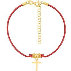 A rope bracelet with a cross on a red string and a gold-plated clasp