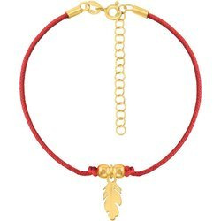 A rope bracelet with a feather on a red string and a gold-plated clasp