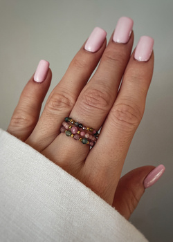 Set of Three Elastic Natural Stone Rings - Champagne Cubic Zirconia and Rhodonite