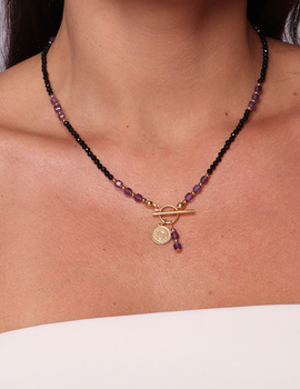 Naszyjnik z kamieni naturalnych czarny turmalin i ametyst toggle z zawieszką Talizman ochrony i spokoju