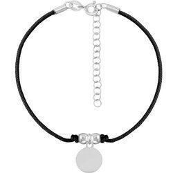 A rope bracelet with a full circle on a black string and a silver clasp