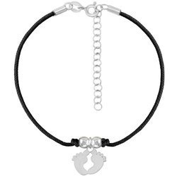 A rope bracelet with feet on a black string and a silver clasp