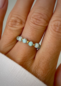 Elastic Ring Natural Stones Amazonite and Pearls Silver Gold Plated