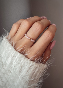 Elastic Ring Natural Stones Amazonite and Pearls Silver Gold Plated