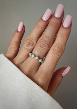 Elastic Ring Natural Stones Amazonite and Pearls Silver Gold Plated