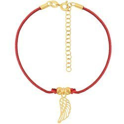 A rope bracelet with a wing on a red string and a gold-plated clasp