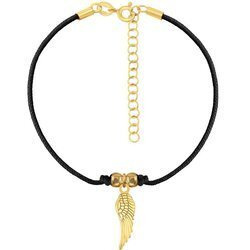 A rope bracelet with a wing on a black string and a gold-plated clasp