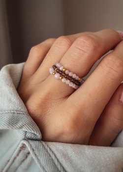 Set of Three Elastic Natural Stone Rings - Champagne Cubic Zirconia and Rhodonite