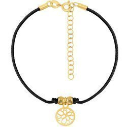 A rope bracelet with a rosette on a black string and a gold-plated clasp