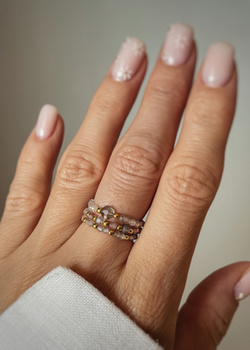 Set of Three Elastic Natural Stone Rings - Champagne Cubic Zirconia and Rhodonite