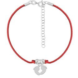 A rope bracelet with feet on a red string and a silver clasp