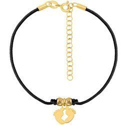 A rope bracelet with feet on a black string and a gold-plated clasp