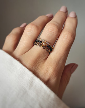 Set of Three Elastic Natural Stone Rings - Champagne Cubic Zirconia and Rhodonite