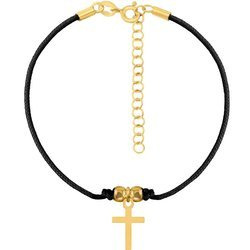 A rope bracelet with a cross on a black string and a gold-plated clasp