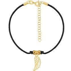 A rope bracelet with a wing on a black string and a gold-plated clasp