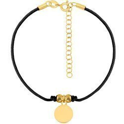 A rope bracelet with a solid circle on a black string and a gold-plated clasp