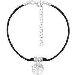 A rope bracelet, tree of happiness, on a black string with a silver clasp