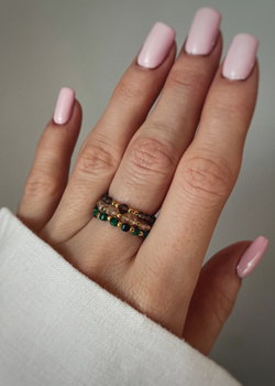 Set of Three Elastic Natural Stone Rings - Champagne Cubic Zirconia and Rhodonite